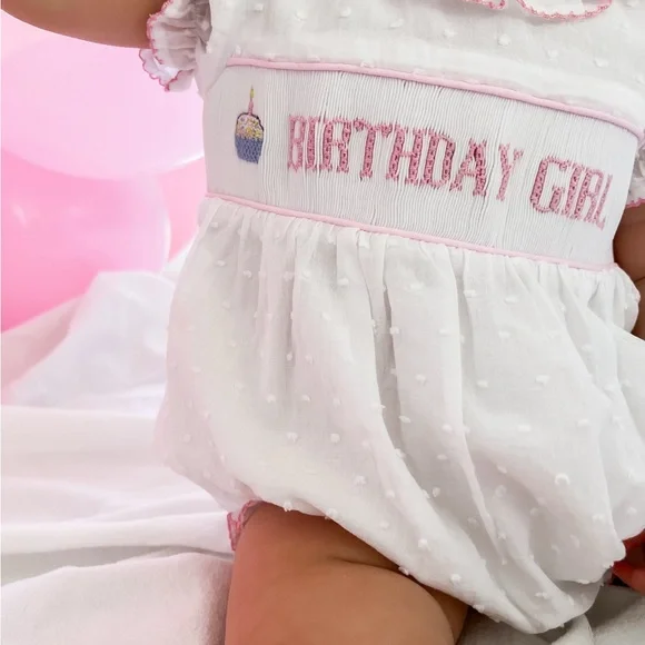 White and Pink Birthday Girl Smocked Bubble Romper - Picture 4 of 5